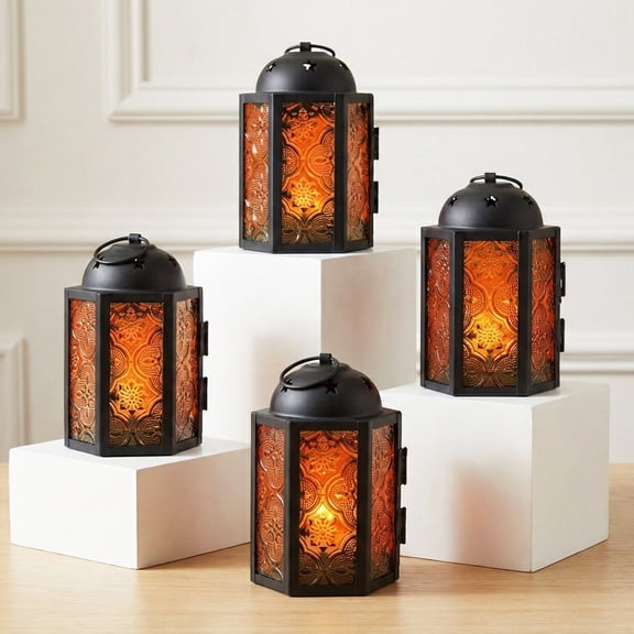 Mini Small Decorative Moroccan Candle Lantern Holders for Hanging, Indoor Home Decor, Outdoor Patio, Weddings, Amber, 4pk