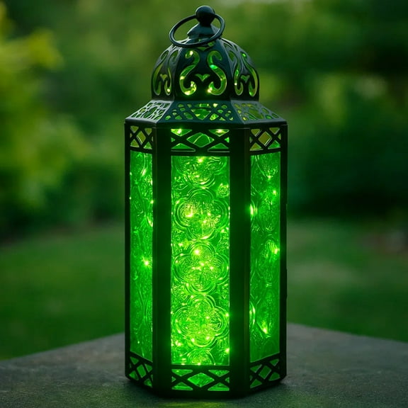 Moroccan Metal Candle Lantern Holder with LED Fairy String Lights, Medium, Green
