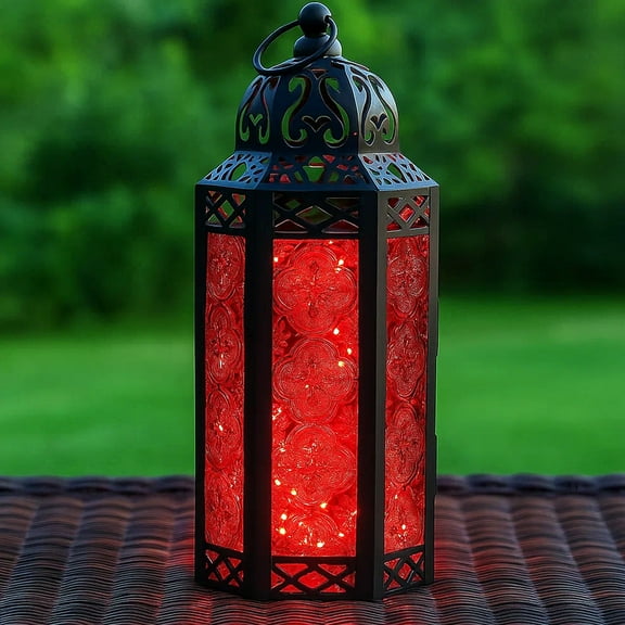 Moroccan Metal Candle Lantern Holder with LED Fairy String Lights, Medium, Red