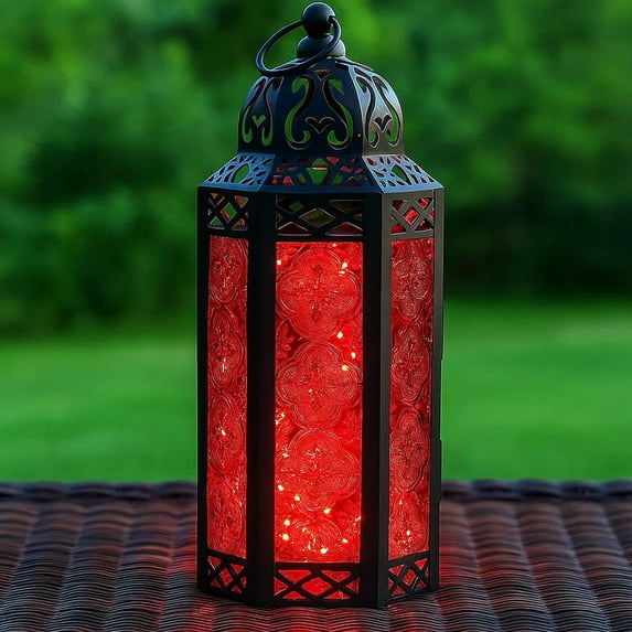 Moroccan Metal Candle Lantern Holder with LED Fairy String Lights, Medium, Red