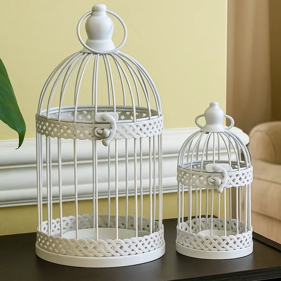 VELA LANTERNS Bird Cage Decor Candle Holder Lantern Decorative Wedding Table Centerpiece Decorations, 10" and 6" Tall, White, Set of 2