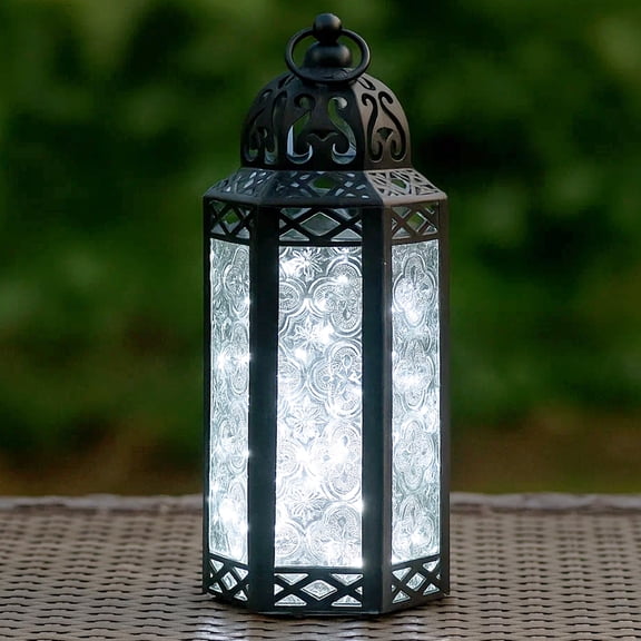 Moroccan Metal Candle Lantern Holder with LED Fairy String Lights, Medium, Clear