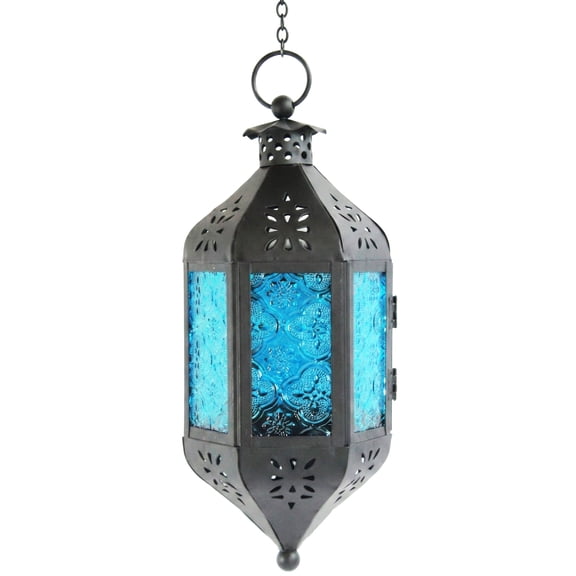 Hanging Moroccan Lamp Decorative Lantern with Chain for Indoor Home Decor, Outdoor Patio, Black Metal, Blue Glass