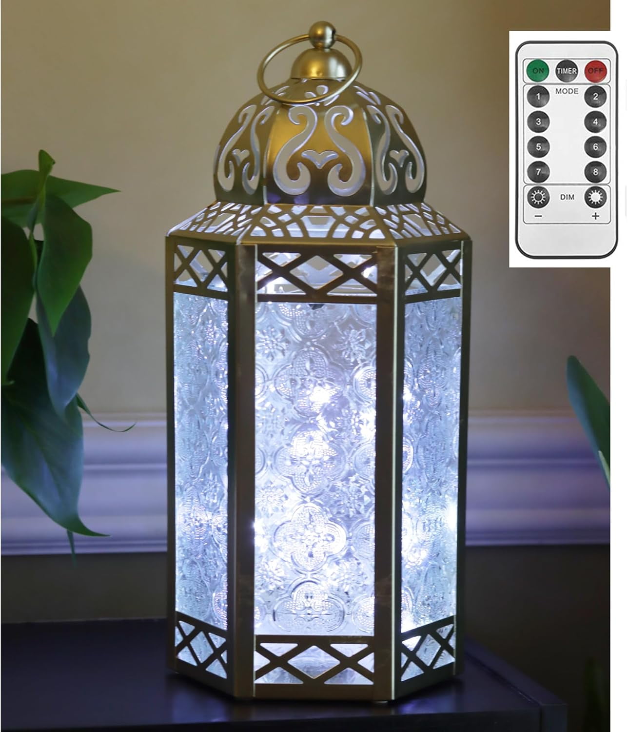 Moroccan Metal Candle Lantern Holder with LED Fairy String Lights, Large,  White Gold, image size:1288x1500