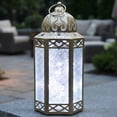 thumbnail image 1 of Moroccan Metal Candle Lantern Holder with LED Fairy String Lights, Large, White Gold, 1 of 11