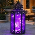 thumbnail image 1 of Moroccan Metal Candle Lantern Holder with LED Fairy String Lights, Large, Purple, 1 of 14