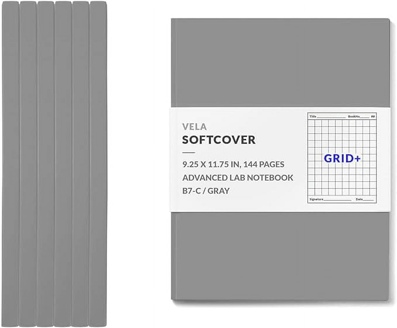 Vela Sciences B7 Expanded Softcover Lab Notebook, 9.25 x 11.75 in (23.5 x 30 cm), 144 Pages, Permanent Bound, 70lb Heavyweight Paper (6-Pack, Grid +)