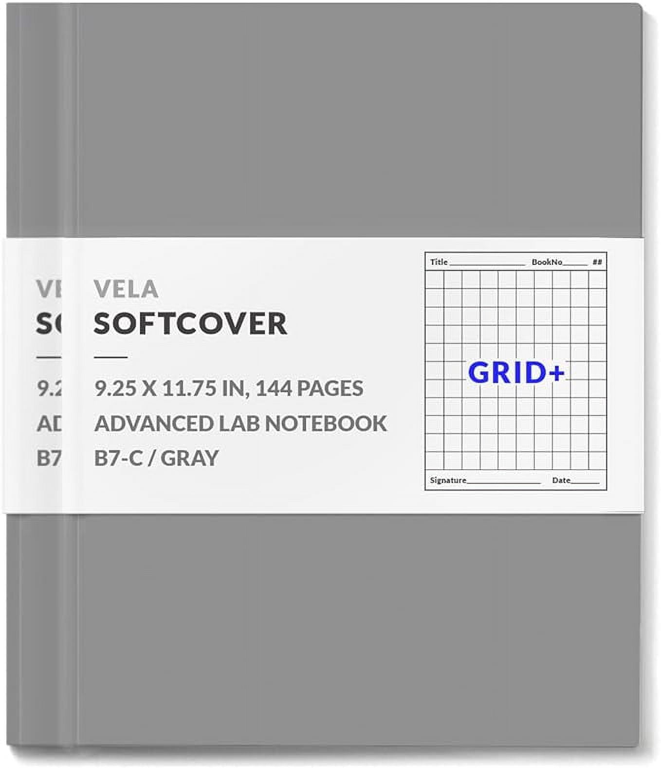 Vela Sciences B7 Expanded Softcover Lab Notebook, 9.25 x 11.75 in (23.5 x 30 cm), 144 Pages, Permanent Bound, 70lb Heavyweight Paper (Grid+)