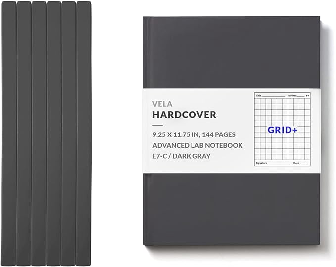 Vela Sciences E7 Expanded Hardcover Lab Notebook, 9.25 x 11.75 in (23.5 x 30 cm), 144 Pages, Permanent Bound, 70lb Heavyweight Paper (6-Pack, Grid +)