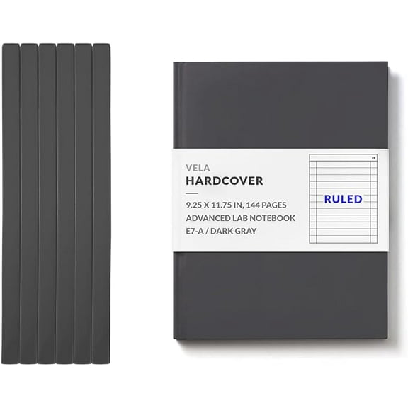 Vela Sciences E7 Expanded Hardcover Lab Notebook, 9.25 x 11.75 in (23.5 x 30 cm), 144 Pages, Permanent Bound, 70lb Heavyweight Paper (6-Pack, Ruled)