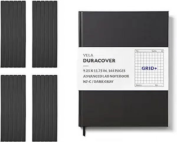 Vela Sciences N7 Expanded DuraCover Lab Notebook, 9.25 x 11.75 in (23.5 x 30 cm), 144 Pages, Gray Saturated Weave, Permanent Bound, 70lb Heavyweight Paper (24-Pack, Grid+)