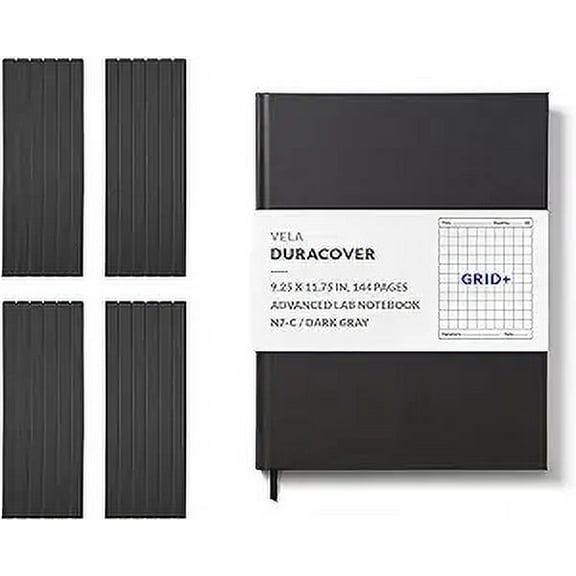 Vela Sciences N7 Expanded DuraCover Lab Notebook, 9.25 x 11.75 in (23.5 x 30 cm), 144 Pages, Gray Saturated Weave, Permanent Bound, 70lb Heavyweight Paper (24-Pack, Grid+)