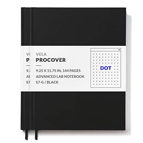 Vela Sciences S7 (2-Pack) Expanded ProCover Lab Notebook, 9.25 x 11.75 in (23.5 x 30 cm), 144 Pages, Black Synthetic Leather, Permanent Bound, 70lb Heavyweight Paper (Dot)