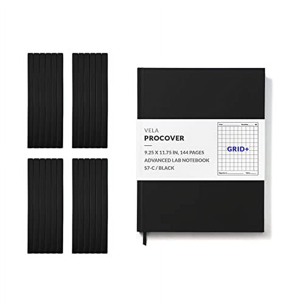 Vela Sciences S7 Expanded ProCover Lab Notebook, 9.25 x 11.75 in (23.5 x 30 cm), 144 Pages, Black Synthetic Leather, Permanent Bound, 70lb Heavyweight Paper (24-Pack, Grid +)