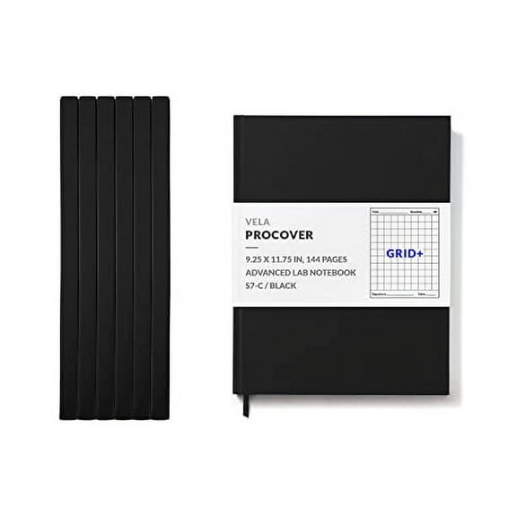 Vela Sciences S7 Expanded ProCover Lab Notebook, 9.25 x 11.75 in (23.5 x 30 cm), 144 Pages, Black Synthetic Leather, Permanent Bound, 70lb Heavyweight Paper (6-Pack, Grid +)