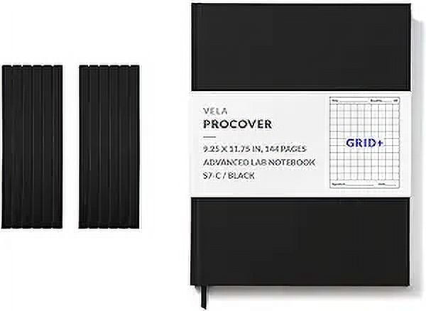 Vela Sciences S7 Expanded ProCover Lab Notebook, 9.25 x 11.75 in (23.5 x 30 cm), 144 Pages, Black Synthetic Leather, Permanent Bound, 70lb Heavyweight Paper (Grid+) 12 Pack