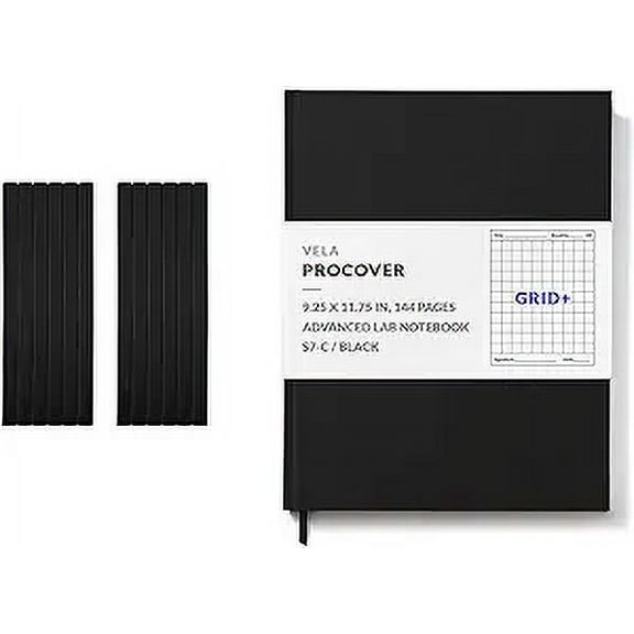 Vela Sciences S7 Expanded ProCover Lab Notebook, 9.25 x 11.75 in (23.5 x 30 cm), 144 Pages, Black Synthetic Leather, Permanent Bound, 70lb Heavyweight Paper (Grid+) 12 Pack