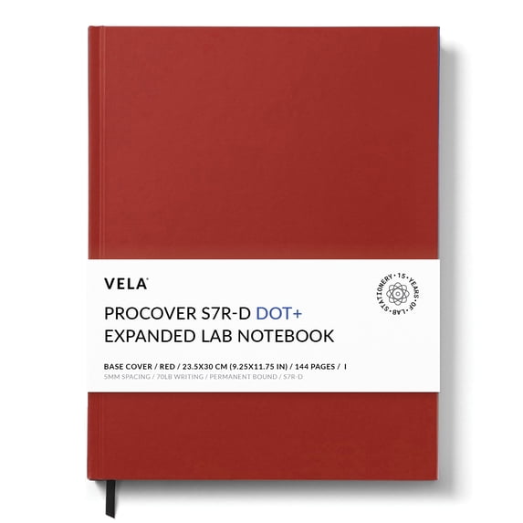 Vela Sciences S7R-D Expanded ProCover Lab Notebook, 9.25 x 11.75 in (23.5 x 30 cm), 144 Pages, Red Synthetic Leather, Permanent Bound, 70lb Heavyweight Paper (1-Pack, Dot +)