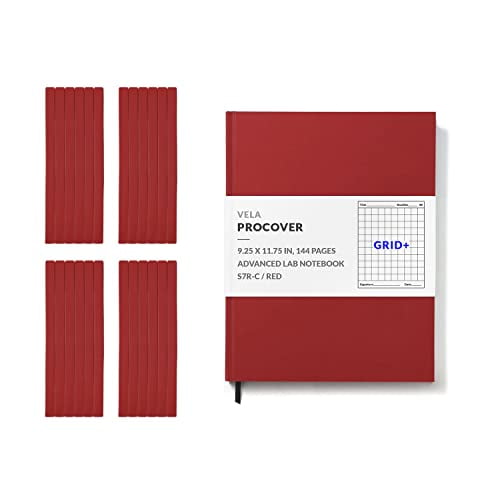 Vela Sciences S7R Expanded ProCover Lab Notebook, 9.25 x 11.75 in (23.5 x 30 cm), 144 Pages, Red Synthetic Leather, Permanent Bound, 70lb Heavyweight Paper (24-Pack, Grid +)