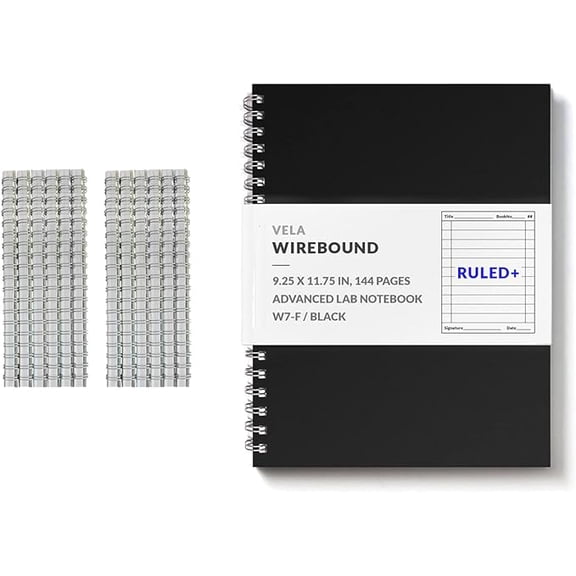 Vela Sciences W7 (12-Pack) Expanded Wirebound Lab Notebook, 9.25 x 11.75 in (23.5 x 30 cm), 144 Pages, Double Wire Looped, 70lb Heavyweight Paper (Ruled+)