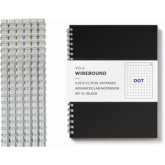 Vela Sciences W7 Expanded Wirebound Lab Notebook, 9.25 x 11.75 in (23.5 x 30 cm), 144 Pages, Double Wire Looped, 70lb Heavyweight Paper (6-Pack, Dot)