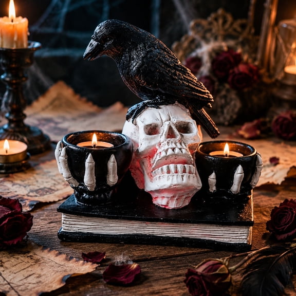 Vela calavera Halloween resina, candelabro gtico forma cuervo sobre libro calavera y dos portavasos dedos, decoracin espeluznante mesa, ideal fiestas Halloween. vintage halloween decor