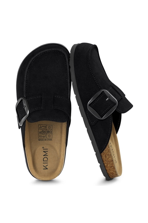 KIDMI Genuine Suede Clogs for Women Cork Footbed Leather Mules Slip On with Comfort Memory Foam and Adjustable Buckle, Black