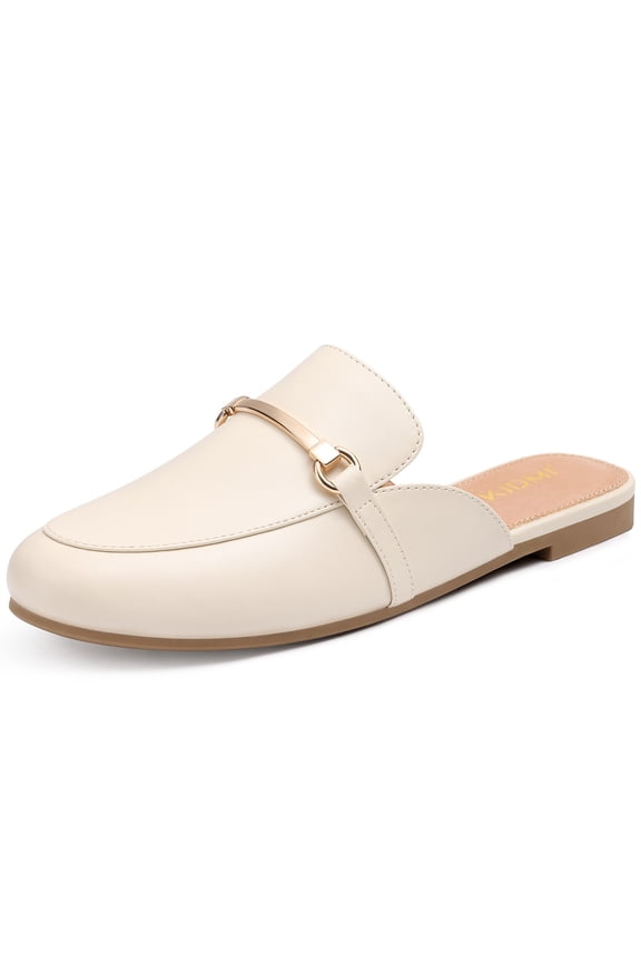Velaga Women's Buckle Mules Comfortable Dressy Flats Business Casual Loafers Slip On, Backless, Cream White 38