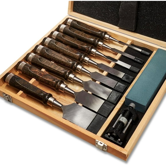 Velamnia 10-Piece Wood Chisels Set for Woodworking with Honing Guide & Sharpening Stone