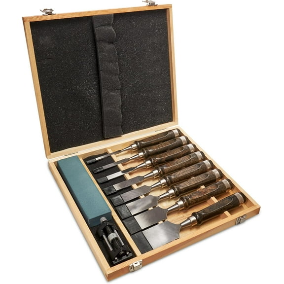 Velamnia 10 Pieces Wood Chisels Set for Woodworking with Honing Guide & Sharpening Stone for Beginners and Professionals(Black Walnut)