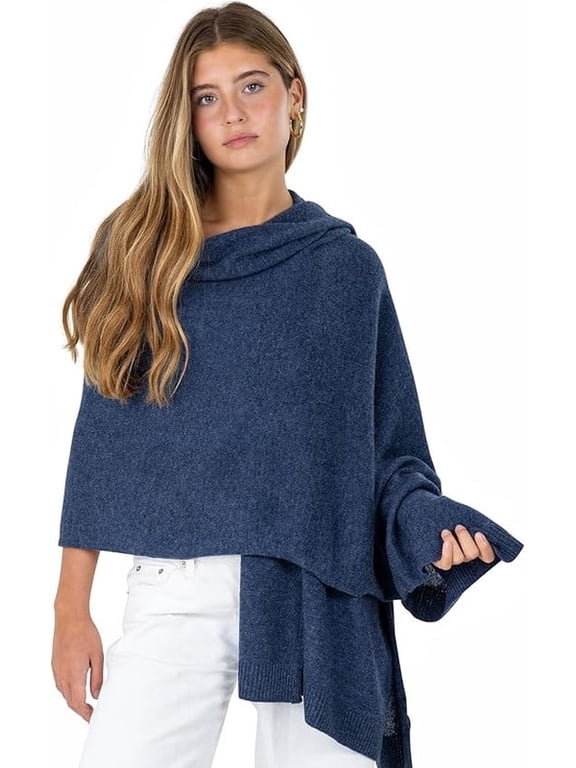 Luxury Knitted Wrap Travel Shawl Scarf for Womern, Pashmina Stole, All-Season Wool Blend Scarf - Hale Navy