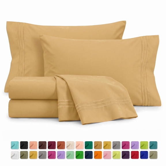 Velcea 4 Piece Bed Sheet Set, Soft Brushed Microfiber, Deep Pocket Wrinkle Free Sheets, King, Gold