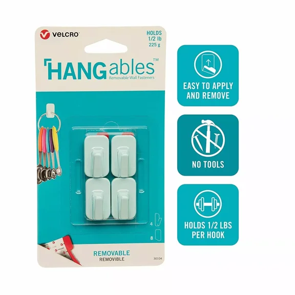 Velcro Brand Hangables Removavable Wall Hooks, Aqua, 4-Packs