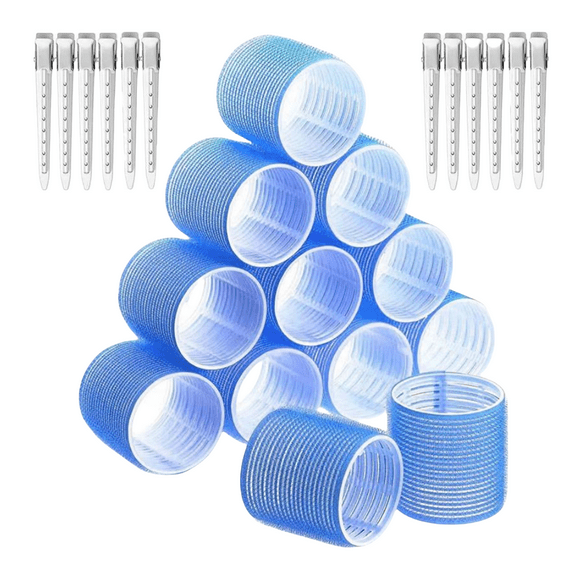 Velcro Hair Rollers Set for Women - 24 Large Rollers & Metal Clips for Long Thick Hair, No Heat Volume Curls (12 Rollers + 12 Clips, Blue)