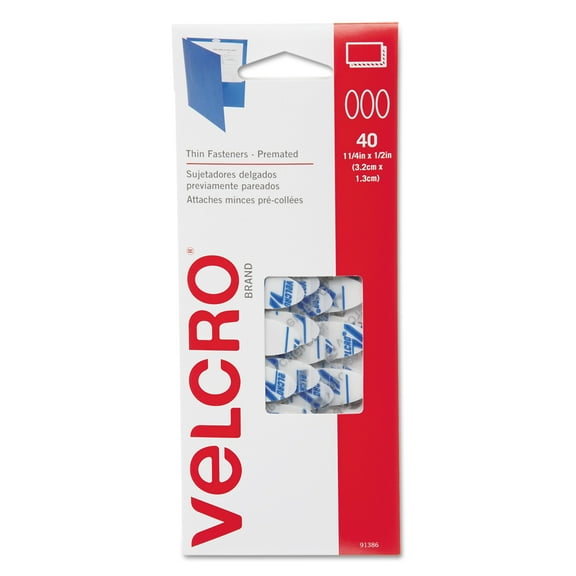 Velcro Oval Wafer Thin Hook & Loop Fasteners, 1/2" x 1 1/4", White, 40/Pack -VEK91386