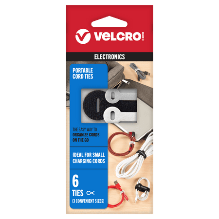 VELCRO Brand Portable Cord Ties, Organize Headphone Wires, Charging Cables, Power Cords on the Go, 3 Sizes and Colors, 6 Pack