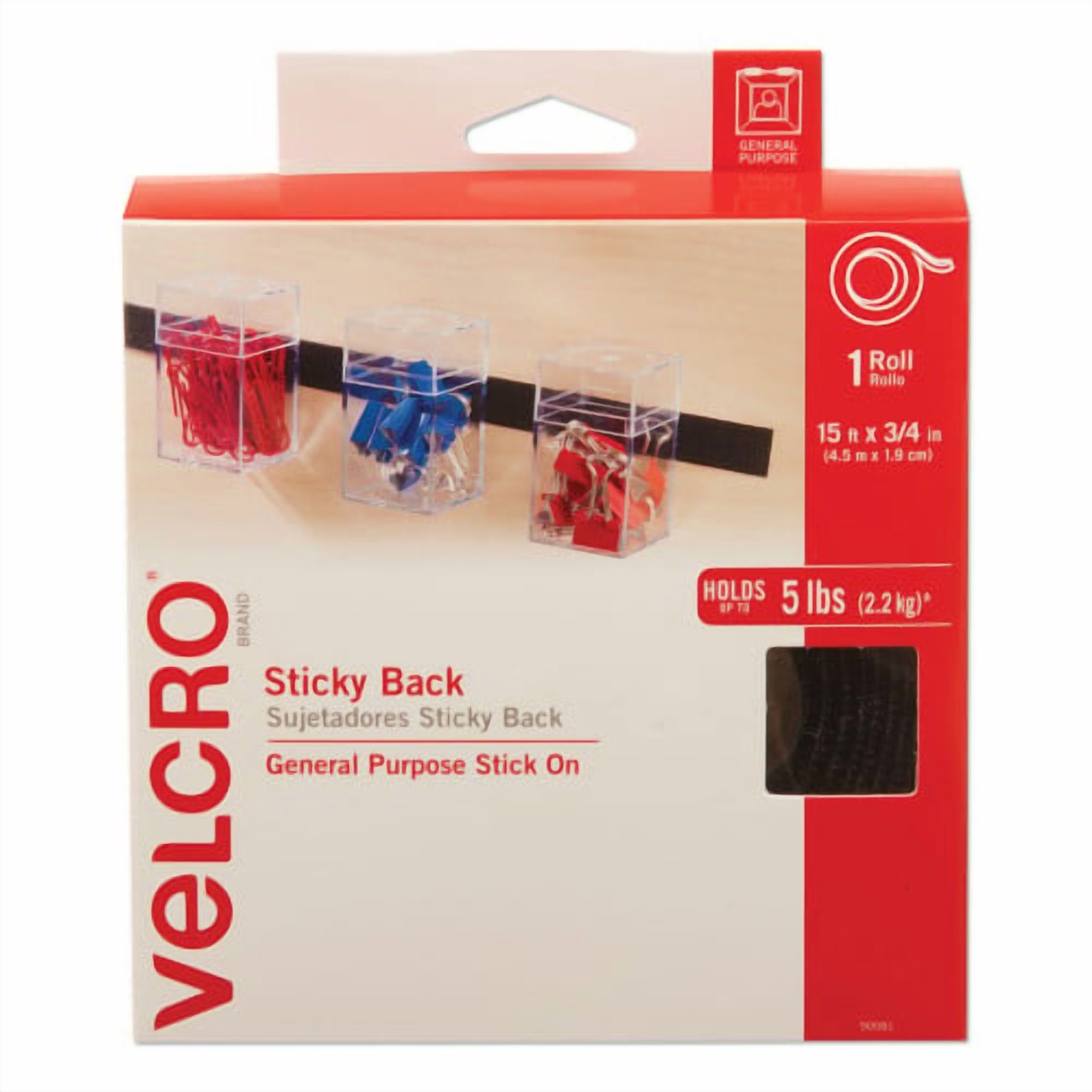 Velcro Sticky-Back Fasteners with Dispenser, Removable Adhesive, 0.75" x 15 ft, Black, Each