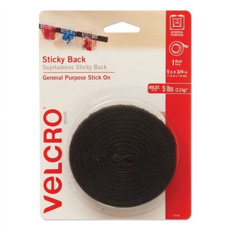 Velcro Sticky-Back Fasteners with Dispenser, Removable Adhesive, 0.75" x 5 ft, Black, Each