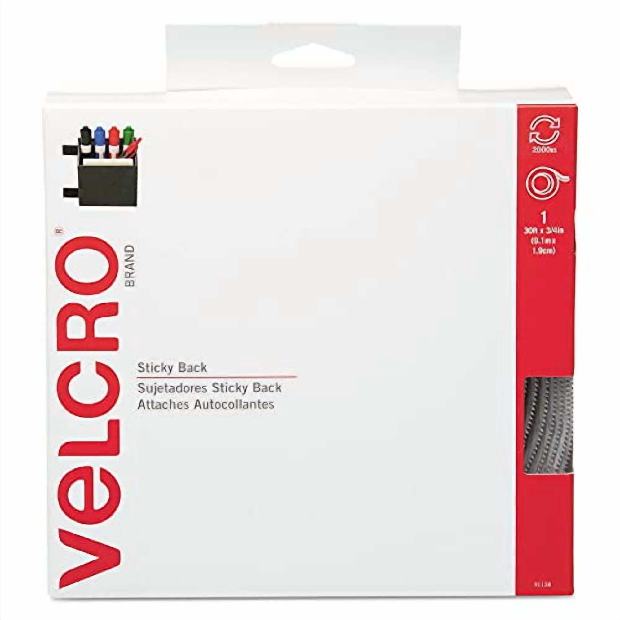 Velcro Sticky-Back Hook & Loop Fasteners w/Dispenser, 3/4 x 30 ft Roll, White
