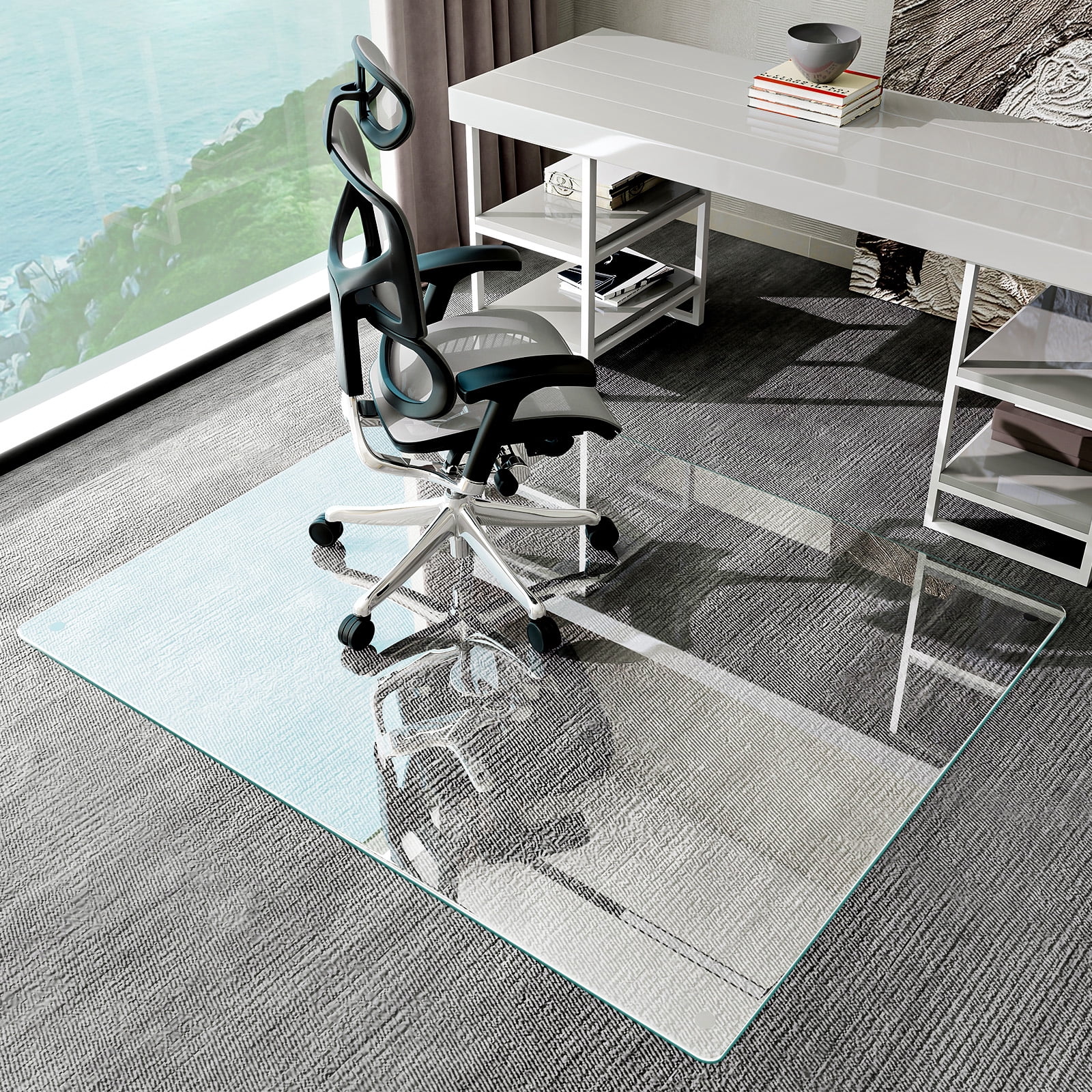 Veliso 55"x 46" Tempered Glass Mat Rectangluar Chair Mat for Hard Floors Heavy-Duty Office Floor Protector, Clear