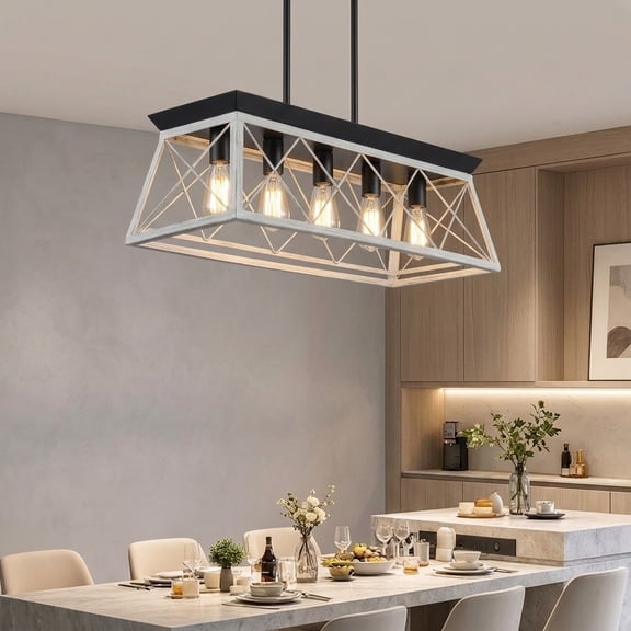 Vellahome Five-lamp farmhouse-style chandelier, black solid metal ceiling light, suitable for lighting in dining rooms and country-style kitchen islands, height adjustable,white.