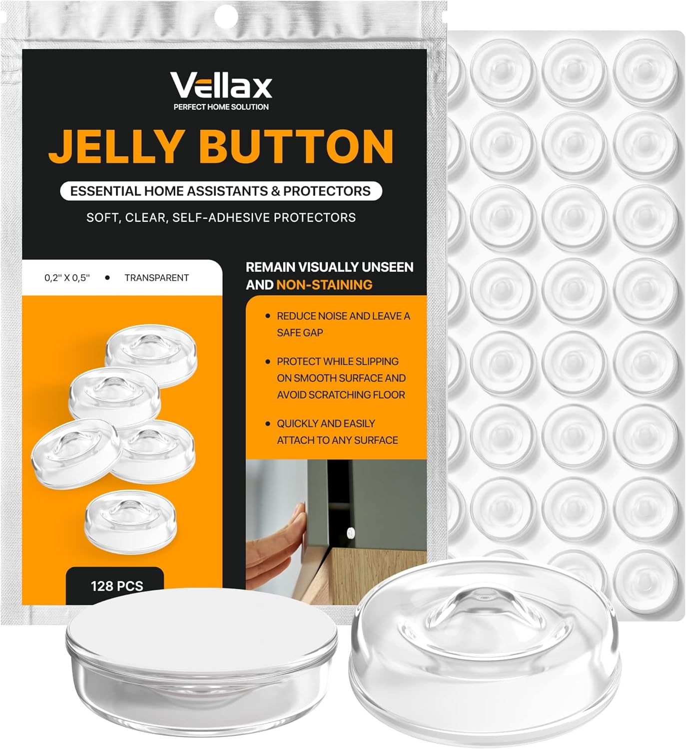 Vellax Cabinet Door Bumpers 128 Pcs - 0.5" Sticky Silicone Clear Cabinet Stoppers Rubber