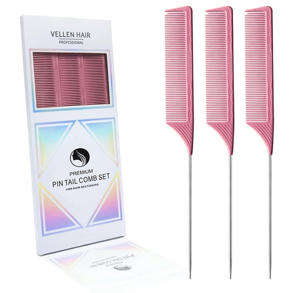 Vellen Hair Professional 9 Inch rat tail combs for hair stylists, PEI Material 430F Heat Resistant and Antistatic, Pin tail comb with Long stainless steel for parting, styling and highlighting