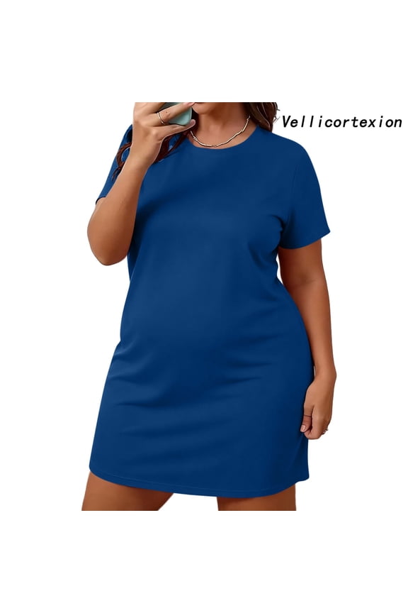 Plus Size Womens Sleep Shirt Short Sleeve Nightgown Round Neck Loose Fit Casual Sleepwear Lounge Wear Summer Night Dress Blue