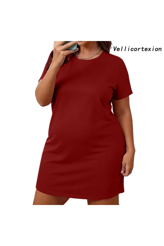 Plus Size Womens Sleep Shirt Short Sleeve Nightgown Round Neck Loose Fit Casual Sleepwear Lounge Wear Summer Night Dress Red