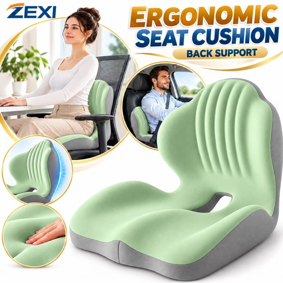 Velloraco Ergonomic Seat Cushion, Memory Foam Chair Cushion with Back Support for Long Sitting, Office, Car