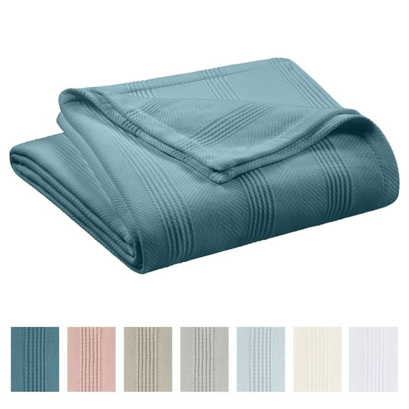 Lightweight Breathable 100% Cotton Knit Blanket – All-Season Bed Blanket – King Size – Blue