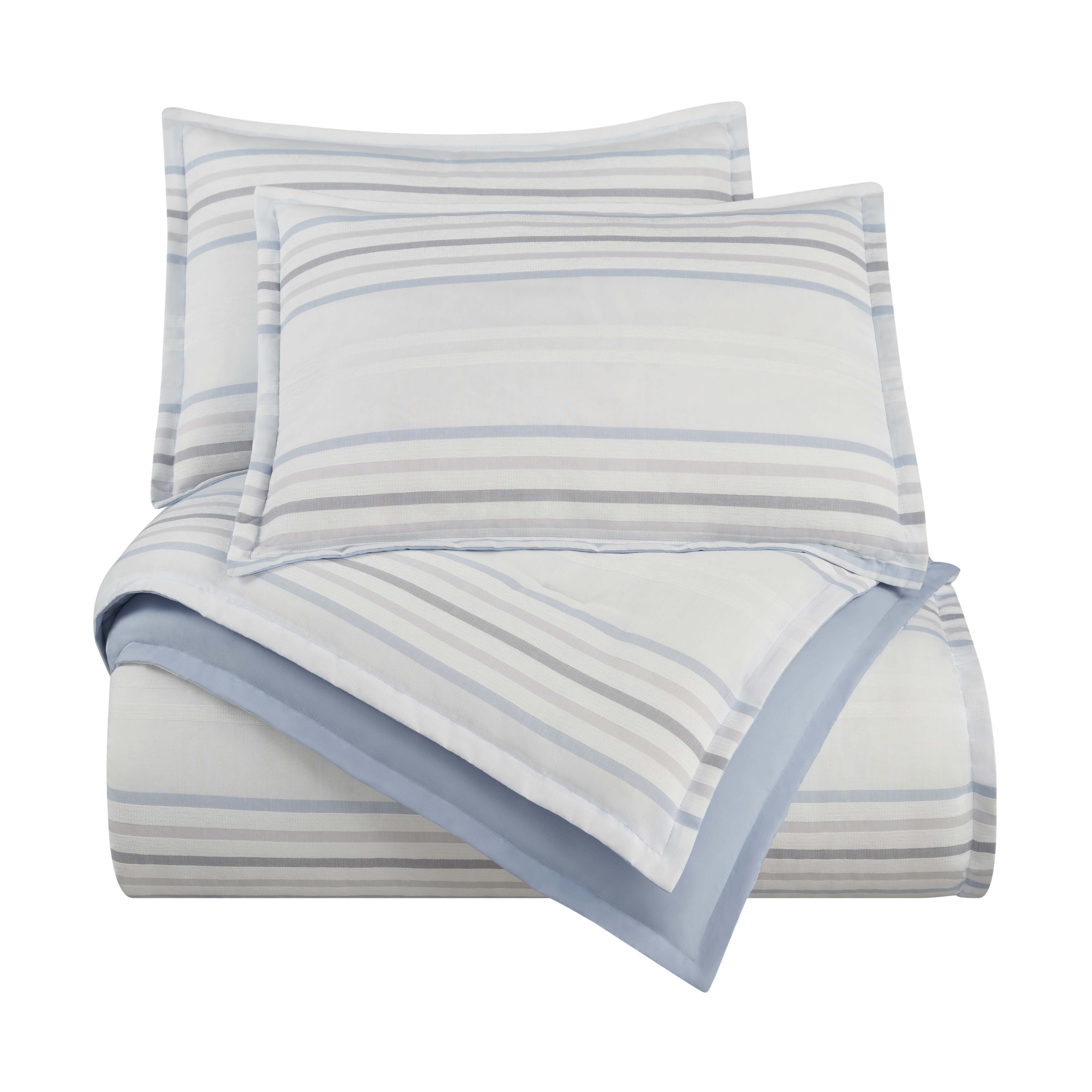 Vellux Bergen Striped 3-Piece Cotton Comforter Set, Down Alternative, Queen, Blue