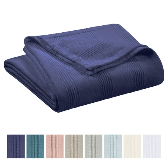 Lightweight Breathable 100% Cotton Knit Blanket – All-Season Bed Blanket – Full/Queen Size – Navy
