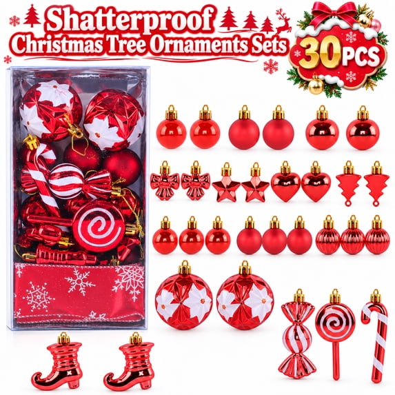 Velmasee 30PCS Shatterproof Christmas Tree Ornaments Set - Assorted Shapes Hanging Christmas Ball Ornaments Baubles Set with Strings for Holiday Xmas Tree Home Party Decor